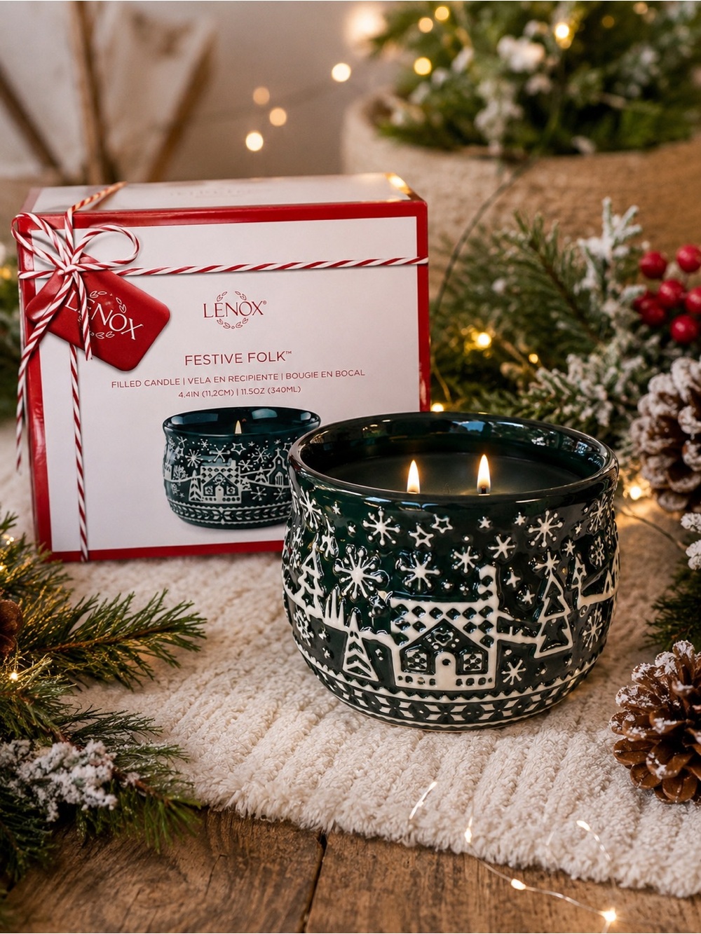 Lenox Festive Folk Holiday Scented Winter Spice Candle Dark Green  11.5 oz NIB